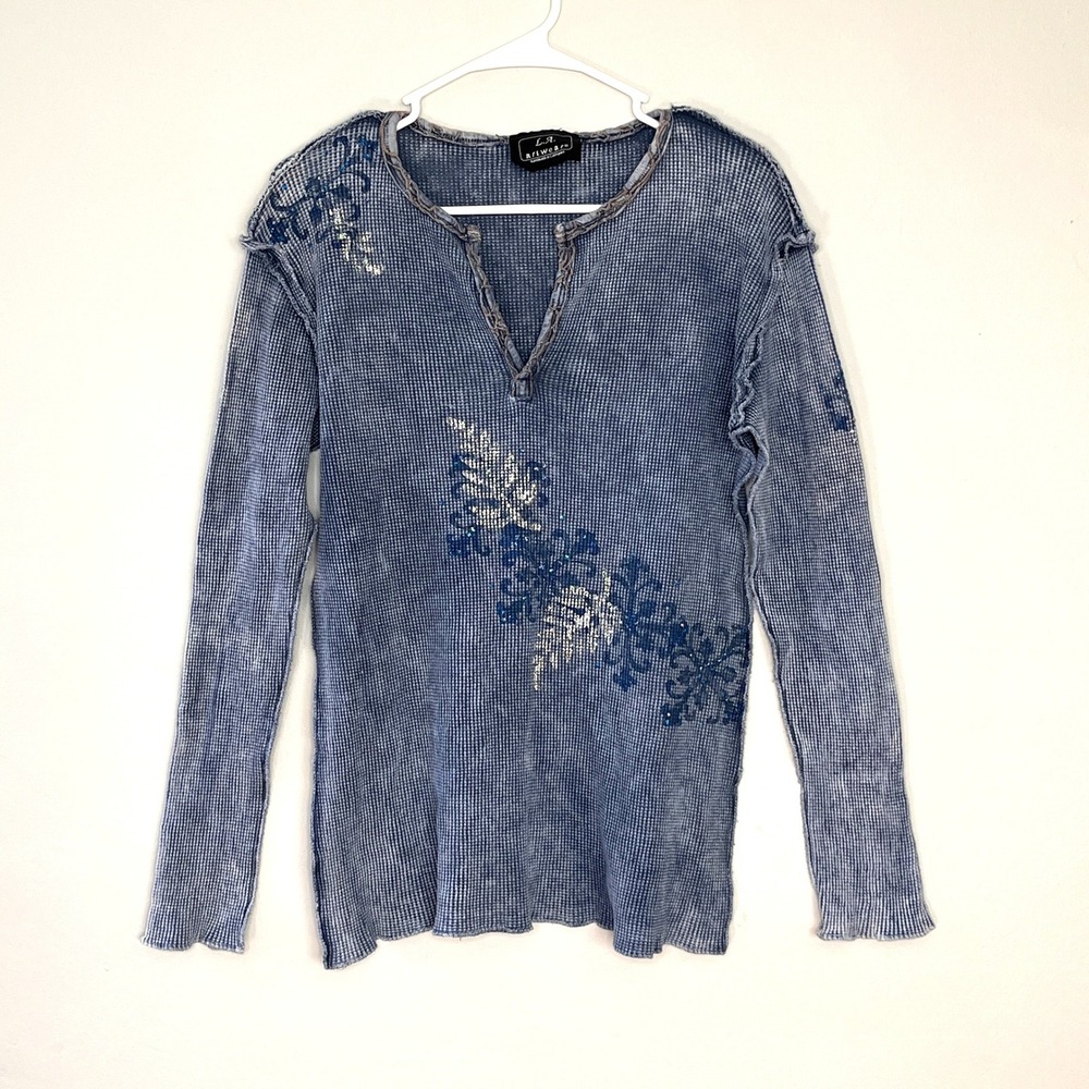LA Artwear Waffle Knit Henley Shirt‎ Rhinestone Y2K Artsy Grunge Blue One Size